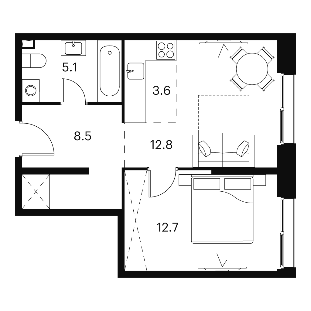 1 комн. квартира, 42.7 м², 4 этаж 