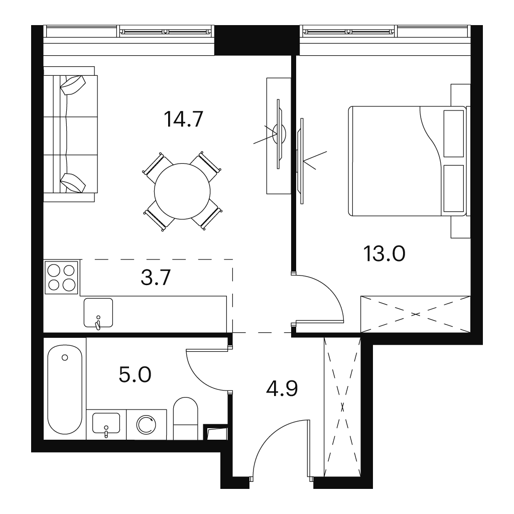 1 комн. квартира, 41.3 м², 8 этаж 