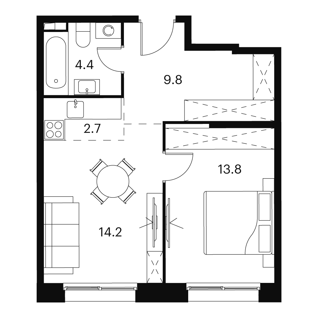 1 комн. квартира, 44.9 м², 2 этаж 
