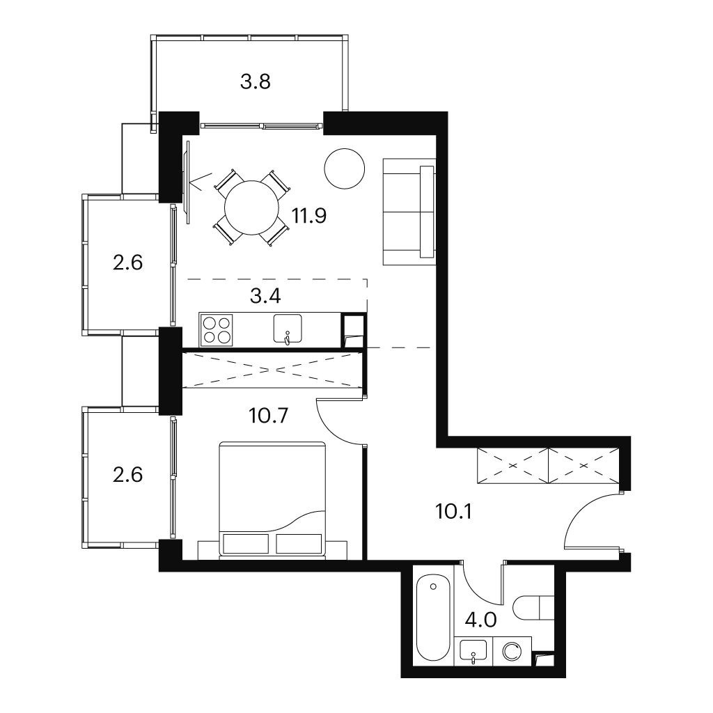 1 комн. квартира, 49.4 м², 21 этаж 