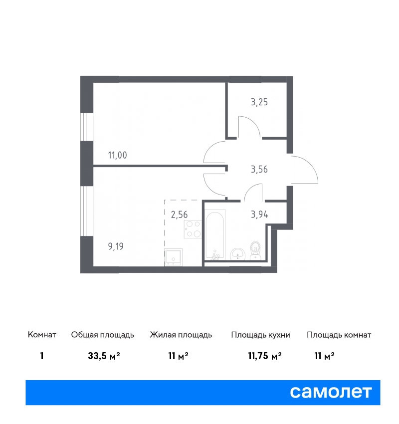 1 комн. квартира, 33.5 м², 1 этаж  (из 9)