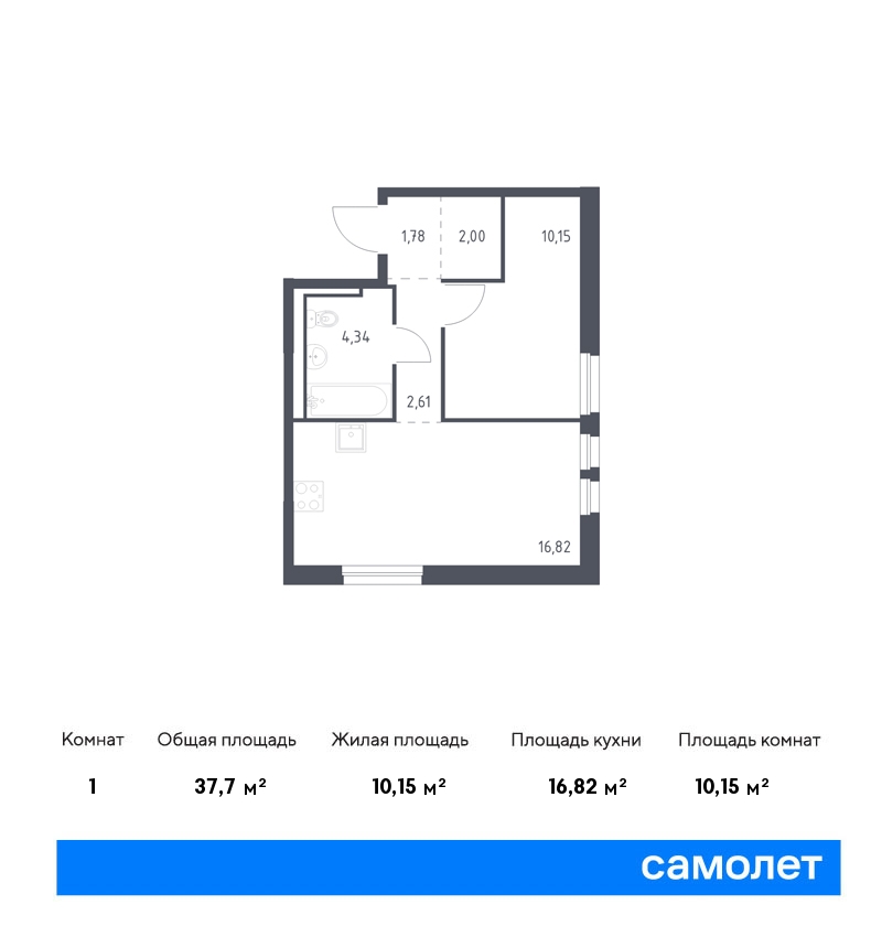 1 комн. квартира, 37.7 м², 12 этаж  (из 12)