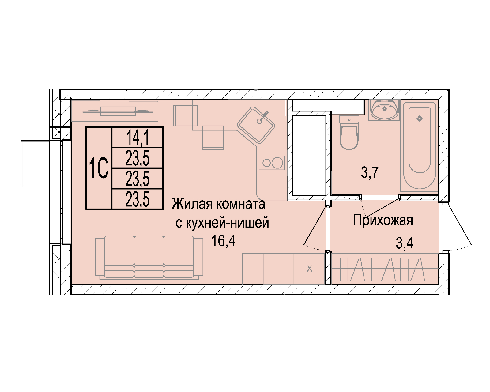 1 комн. квартира, 23.4 м², 21 этаж 