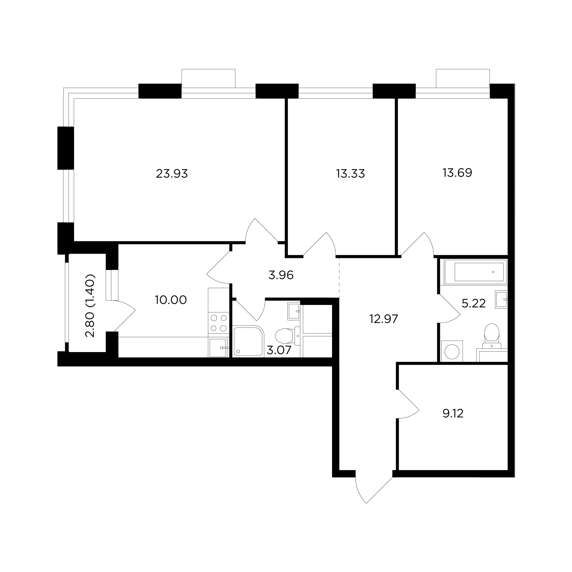 3 комн. квартира, 96.8 м², 4 этаж 