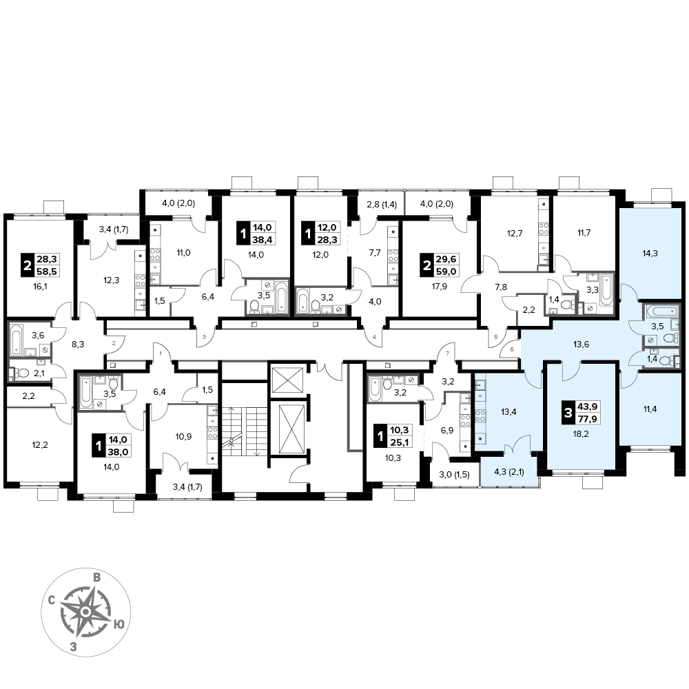 3 комн. квартира, 77.9 м², 13 этаж 