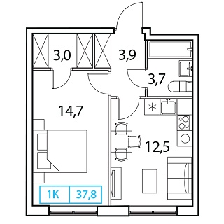 1 комн. квартира, 37.8 м², 7 этаж 