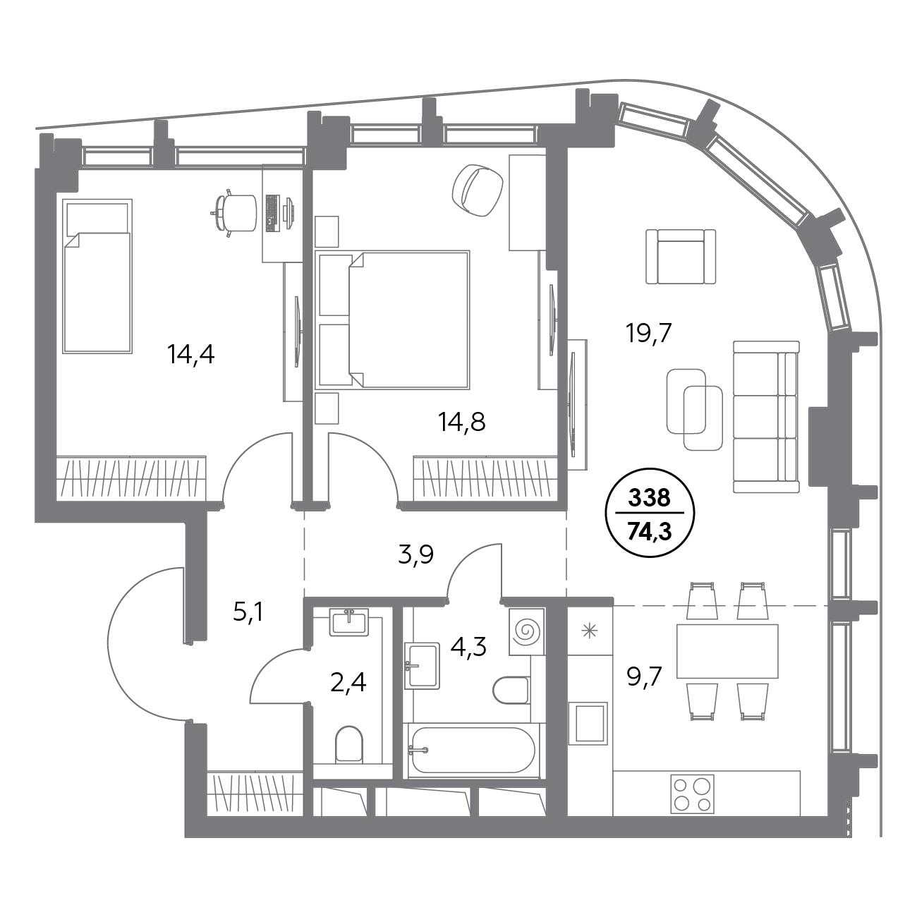 2 комн. квартира, 74.3 м², 23 этаж 
