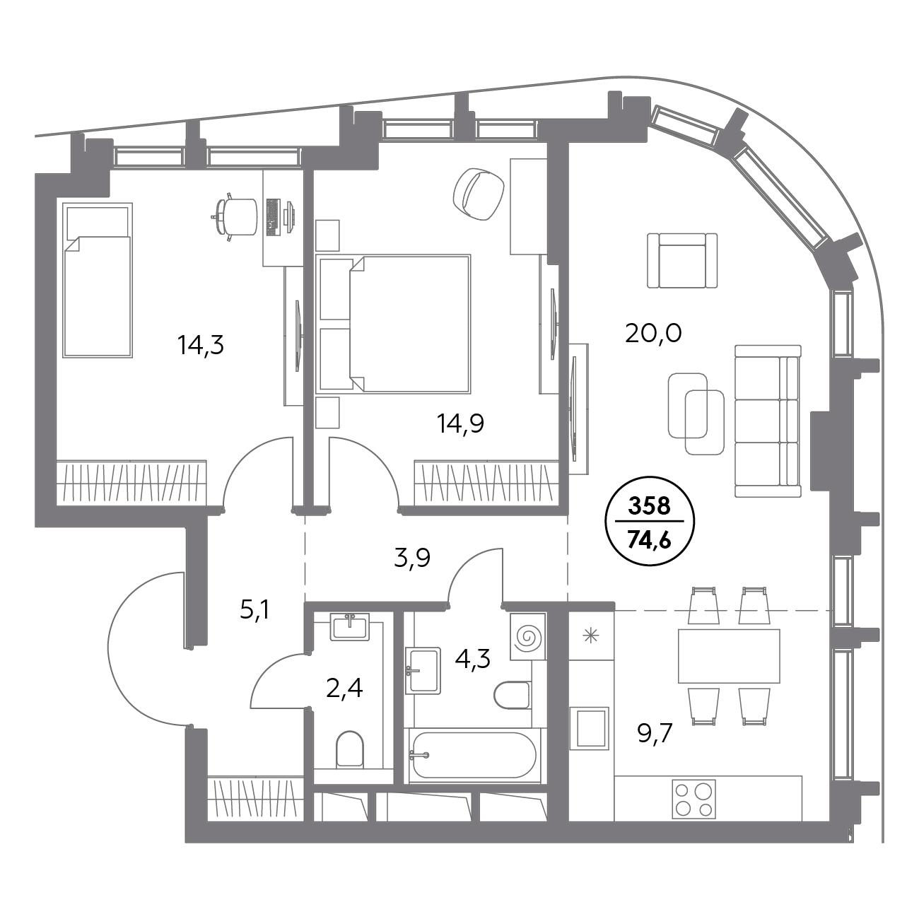 2 комн. квартира, 74.6 м², 25 этаж 