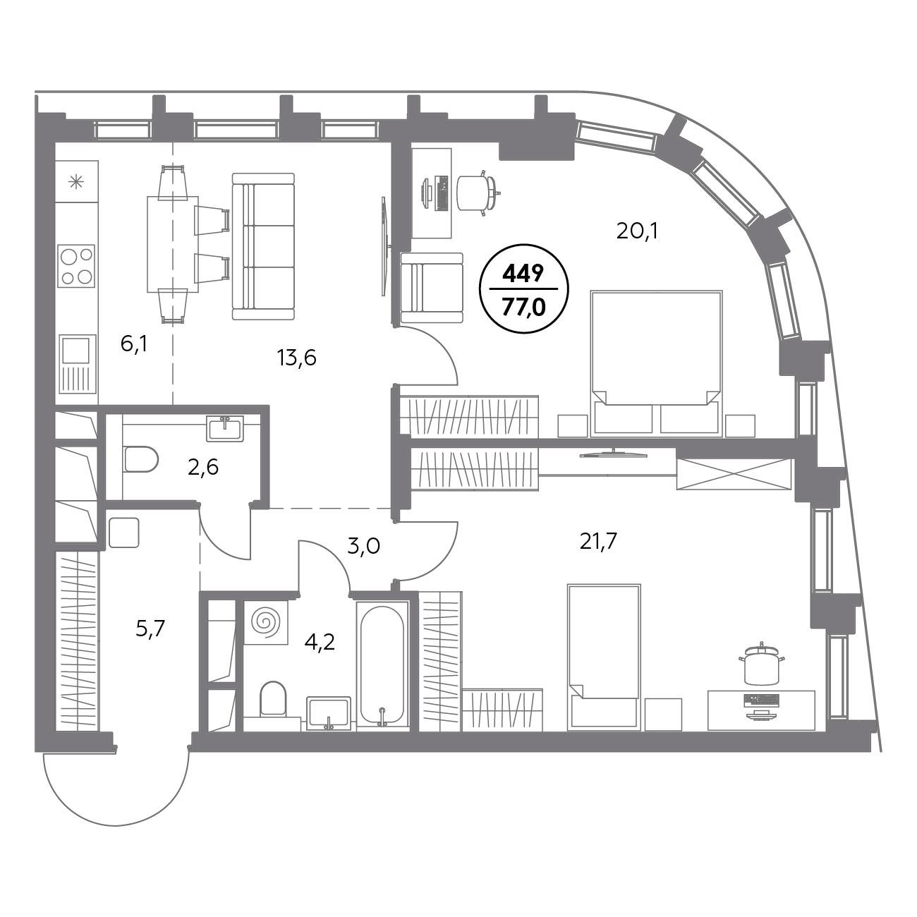 2 комн. квартира, 77 м², 13 этаж 