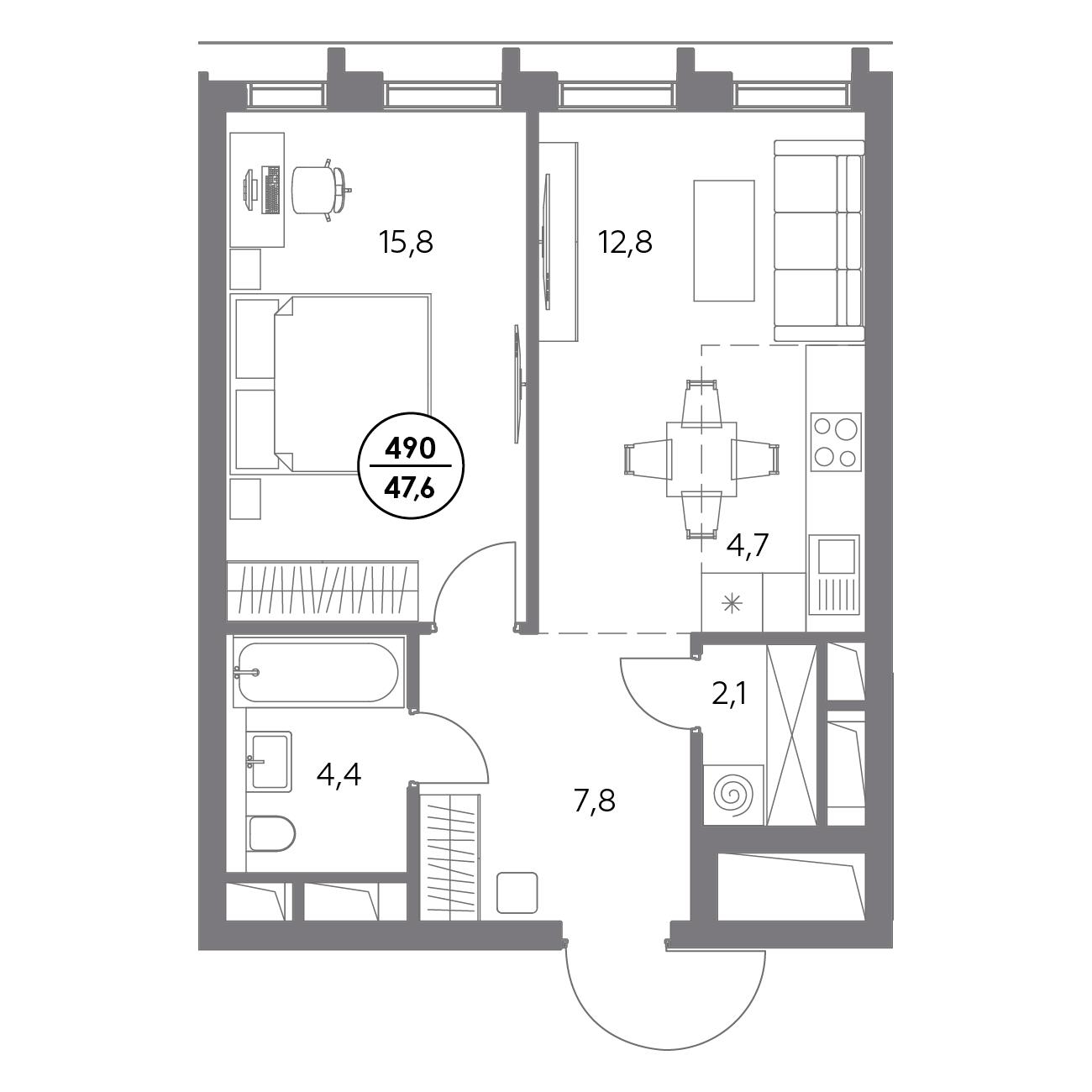 1 комн. квартира, 47.6 м², 20 этаж 