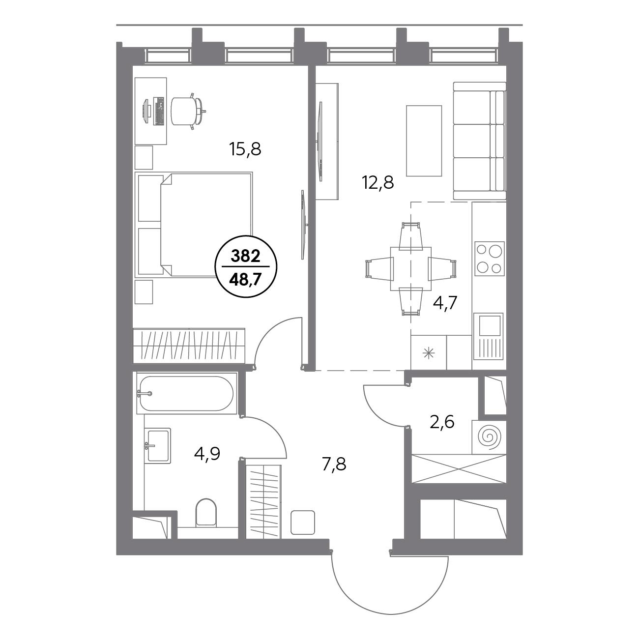 1 комн. квартира, 48.6 м², 2 этаж 
