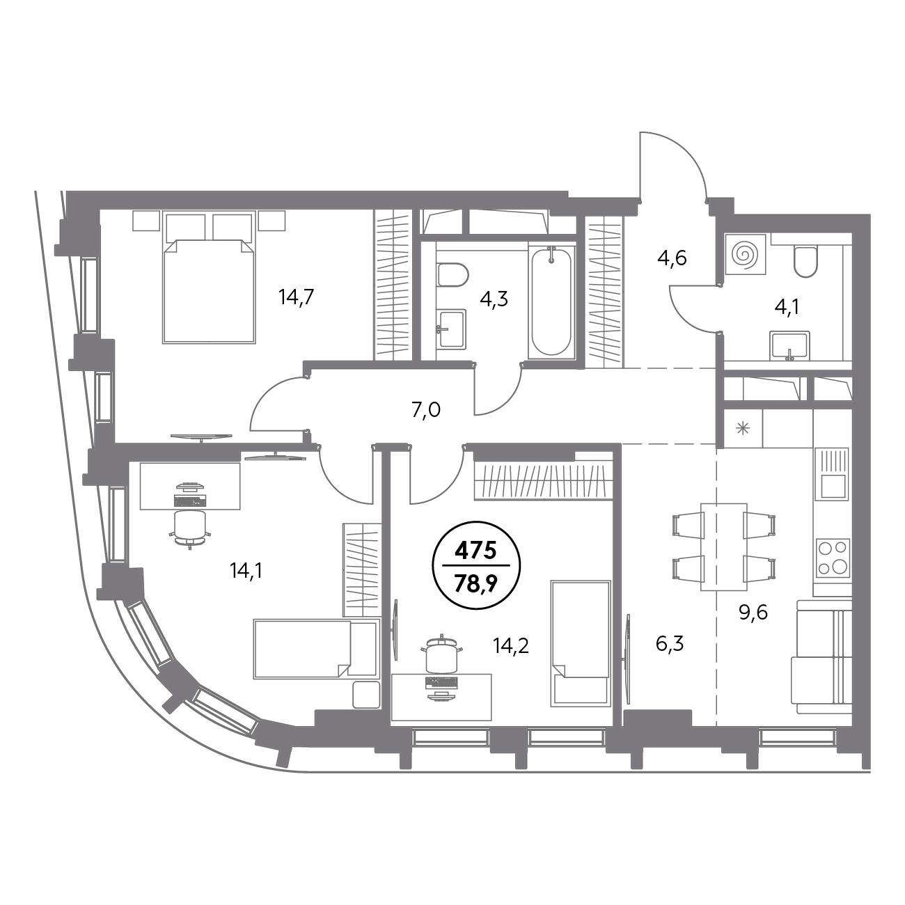 3 комн. квартира, 78.9 м², 18 этаж 