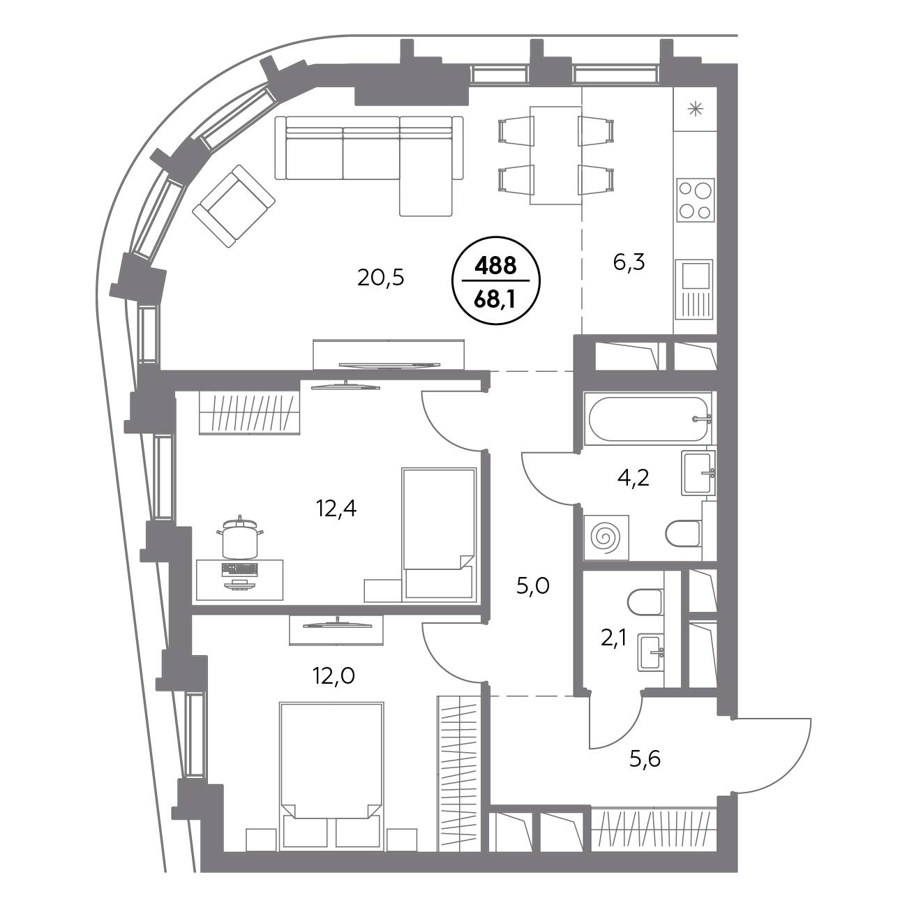2 комн. квартира, 68.1 м², 20 этаж 