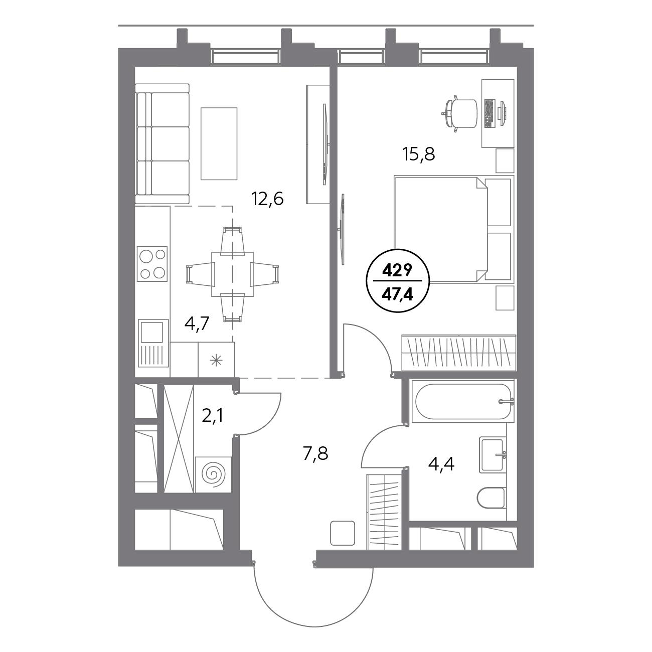 1 комн. квартира, 47.4 м², 10 этаж 