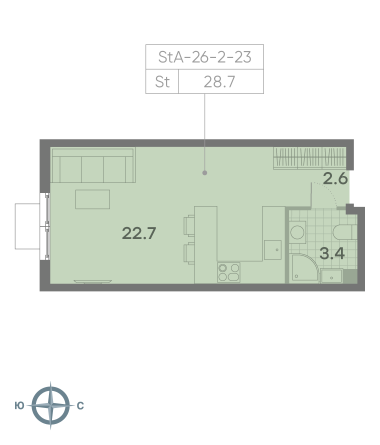 студия, 28.7 м², 11 этаж 