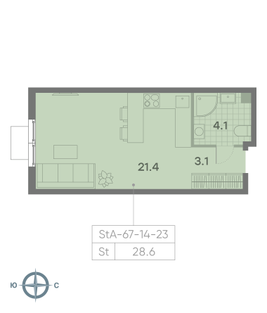 студия, 28.6 м², 14 этаж 