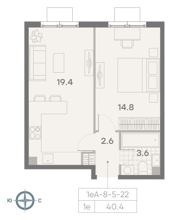 1 комн. квартира, 40.4 м², 13 этаж 
