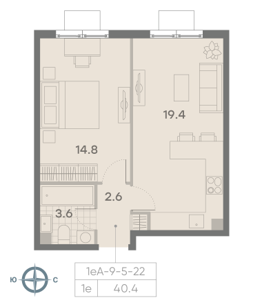 1 комн. квартира, 40.4 м², 15 этаж 