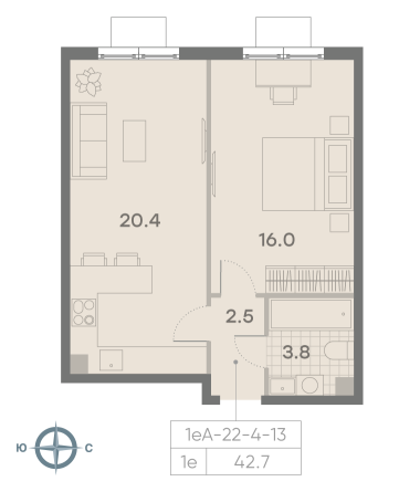 1 комн. квартира, 42.7 м², 9 этаж 