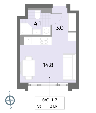 студия, 21.9 м², 3 этаж 