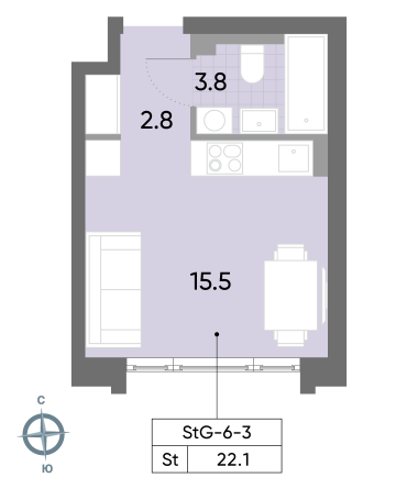 студия, 22.1 м², 3 этаж 