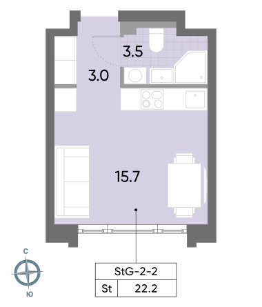 студия, 22.2 м², 2 этаж 