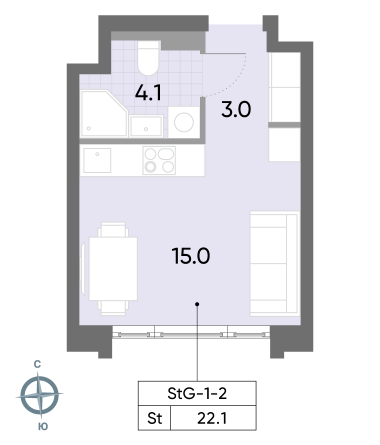студия, 22.1 м², 2 этаж 