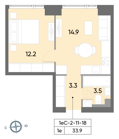 1 комн. квартира, 33.9 м², 16 этаж 