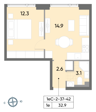 1 комн. квартира, 32.9 м², 42 этаж 