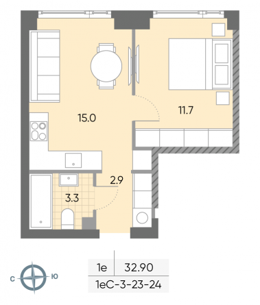 1 комн. квартира, 32.9 м², 24 этаж 