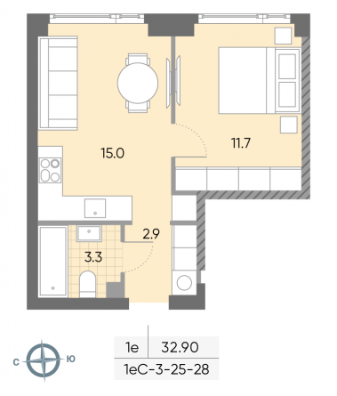 1 комн. квартира, 32.9 м², 26 этаж 