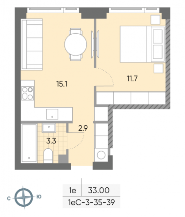 1 комн. квартира, 33 м², 36 этаж 