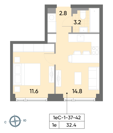 1 комн. квартира, 32.4 м², 37 этаж 