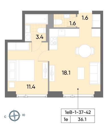 1 комн. квартира, 36.1 м², 41 этаж 
