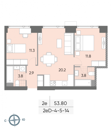 2 комн. квартира, 53.8 м², 12 этаж 