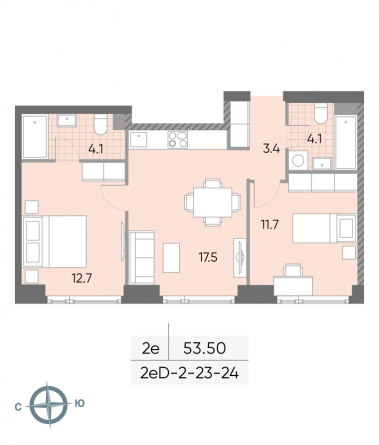 2 комн. квартира, 53.5 м², 23 этаж 