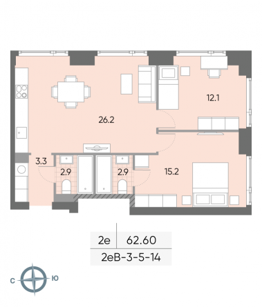2 комн. квартира, 62.6 м², 5 этаж 