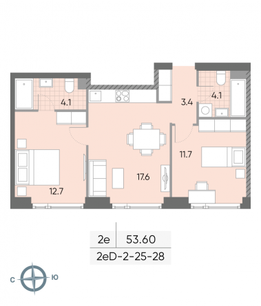 2 комн. квартира, 53.6 м², 28 этаж 