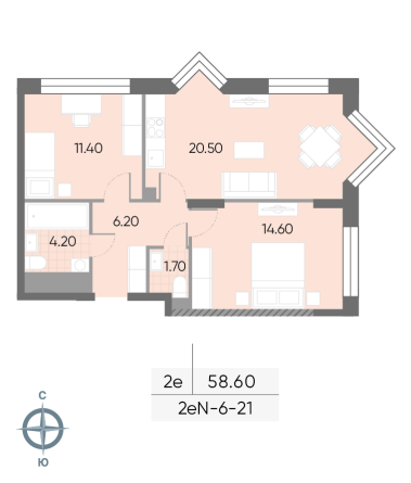 2 комн. квартира, 58.6 м², 21 этаж 