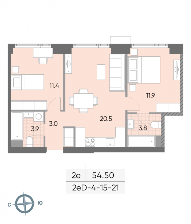 2 комн. квартира, 54.5 м², 16 этаж 