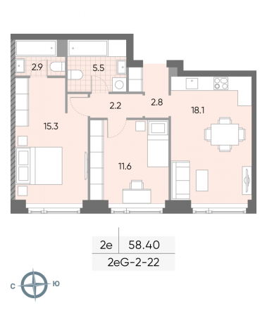 2 комн. квартира, 58.4 м², 22 этаж 