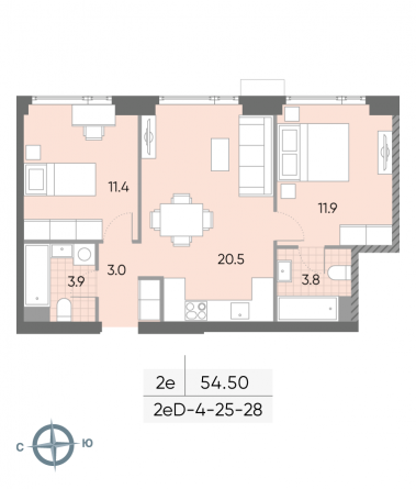 2 комн. квартира, 54.5 м², 26 этаж 