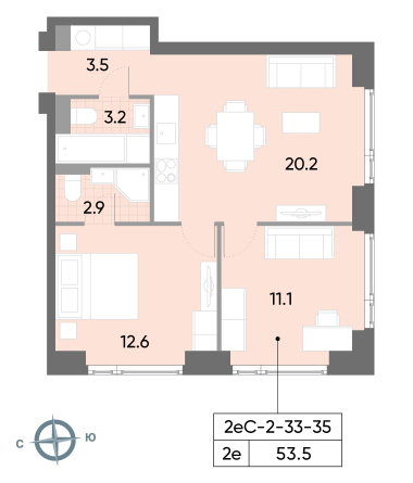 2 комн. квартира, 53.5 м², 35 этаж 