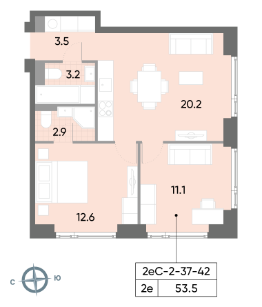 2 комн. квартира, 53.5 м², 37 этаж 
