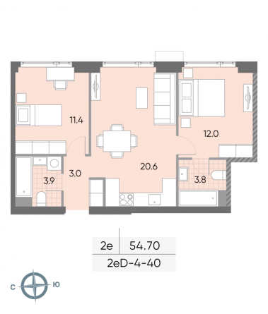2 комн. квартира, 54.7 м², 40 этаж 