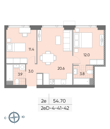 2 комн. квартира, 54.7 м², 41 этаж 
