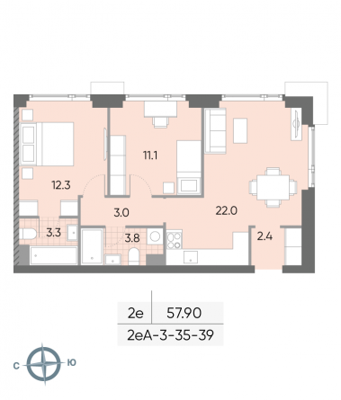 2 комн. квартира, 57.9 м², 36 этаж 