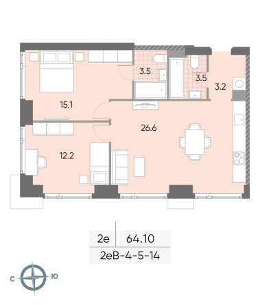 2 комн. квартира, 64.1 м², 8 этаж 