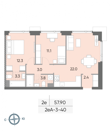 2 комн. квартира, 57.9 м², 40 этаж 
