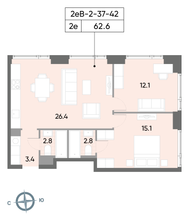 2 комн. квартира, 62.6 м², 39 этаж 